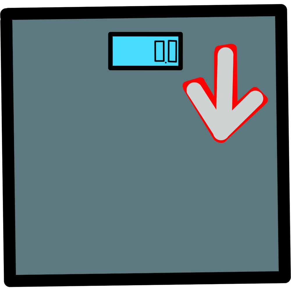 A drawing of a scale. The scale is a dark grey and has a small blue screen with the numbers 0.0 on it. Next to the screen in the top right is a light grey arrow pointing downwards. The arrow is outlined in bright red